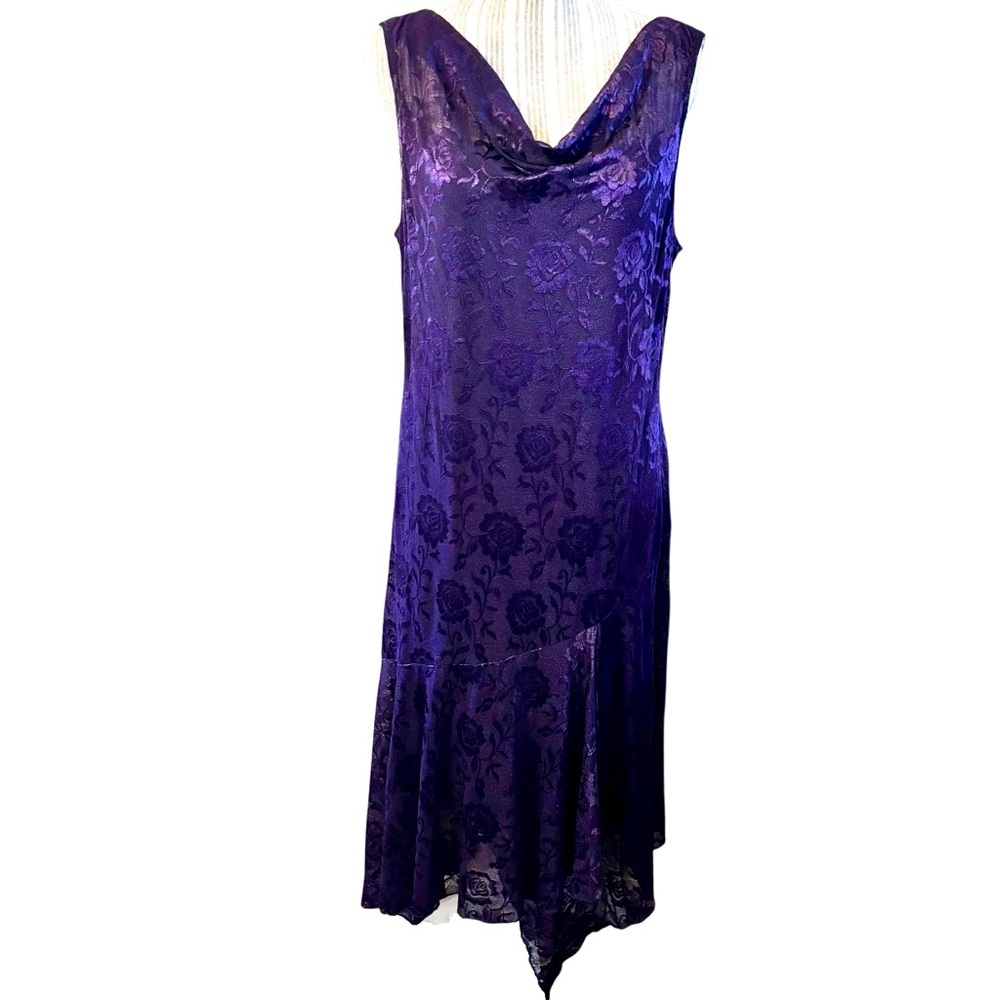 NEW Connected Apparel Dress Size 12 Midi Deep Purple Floral Lace Asymmetrical